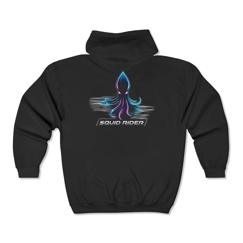 Load image into Gallery viewer, Squid Rider Zip Hoodie — Neon Retro Squid Racing Graphic Full-Zip Sweatshirt
