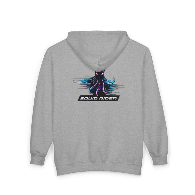 Load image into Gallery viewer, Squid Rider Zip Hoodie — Neon Retro Squid Racing Graphic Full-Zip Sweatshirt
