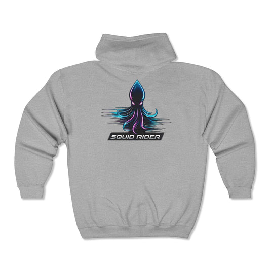 Squid Rider Zip Hoodie — Neon Retro Squid Racing Graphic Full-Zip Sweatshirt