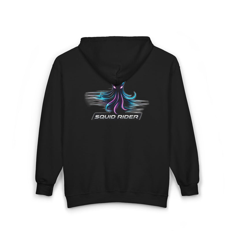 Load image into Gallery viewer, Squid Rider Zip Hoodie — Neon Retro Squid Racing Graphic Full-Zip Sweatshirt
