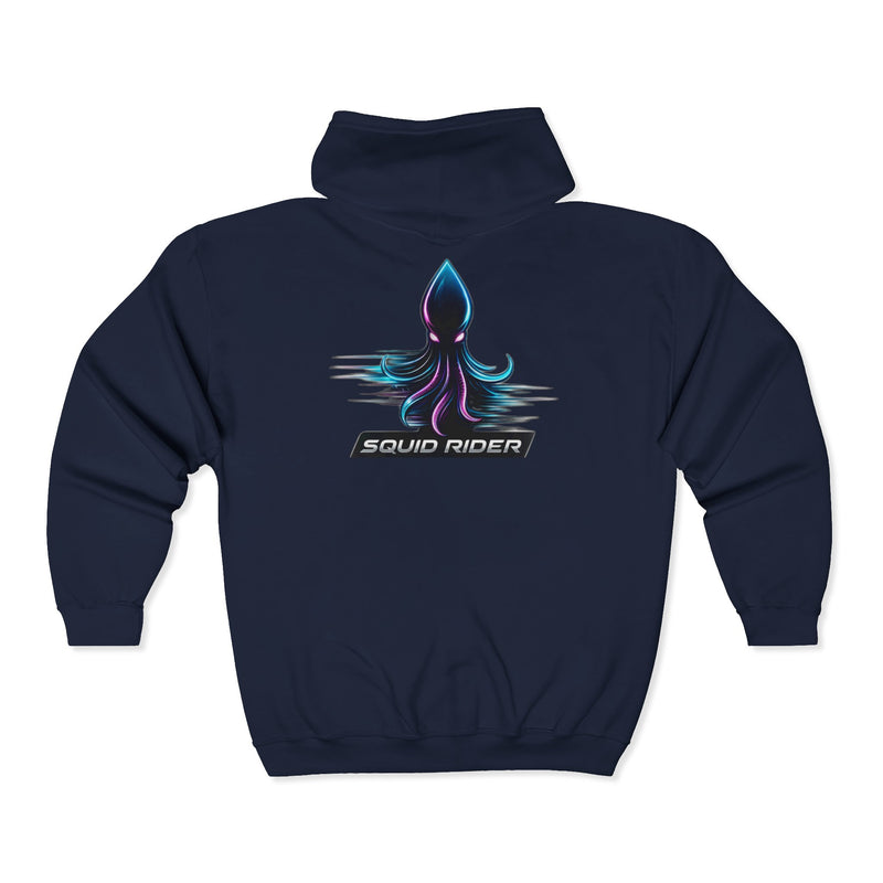 Load image into Gallery viewer, Squid Rider Zip Hoodie — Neon Retro Squid Racing Graphic Full-Zip Sweatshirt
