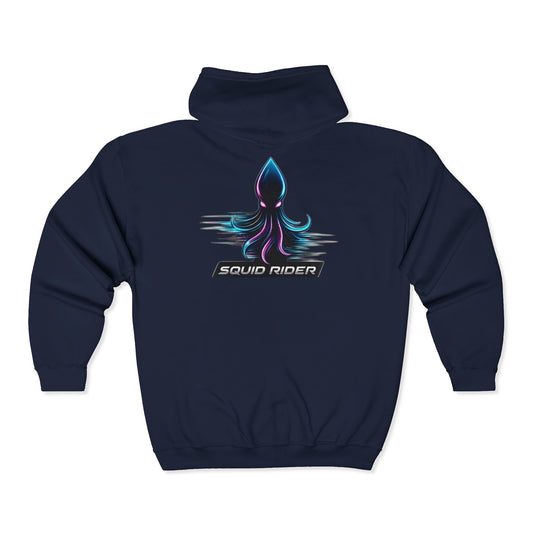 Squid Rider Zip Hoodie — Neon Retro Squid Racing Graphic Full-Zip Sweatshirt