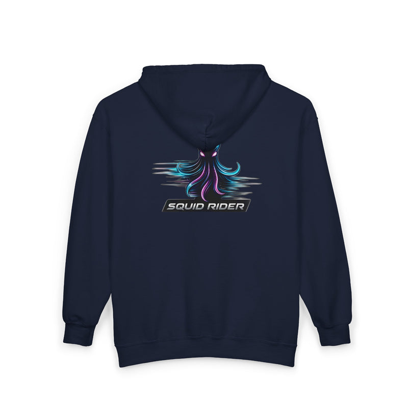 Load image into Gallery viewer, Squid Rider Zip Hoodie — Neon Retro Squid Racing Graphic Full-Zip Sweatshirt

